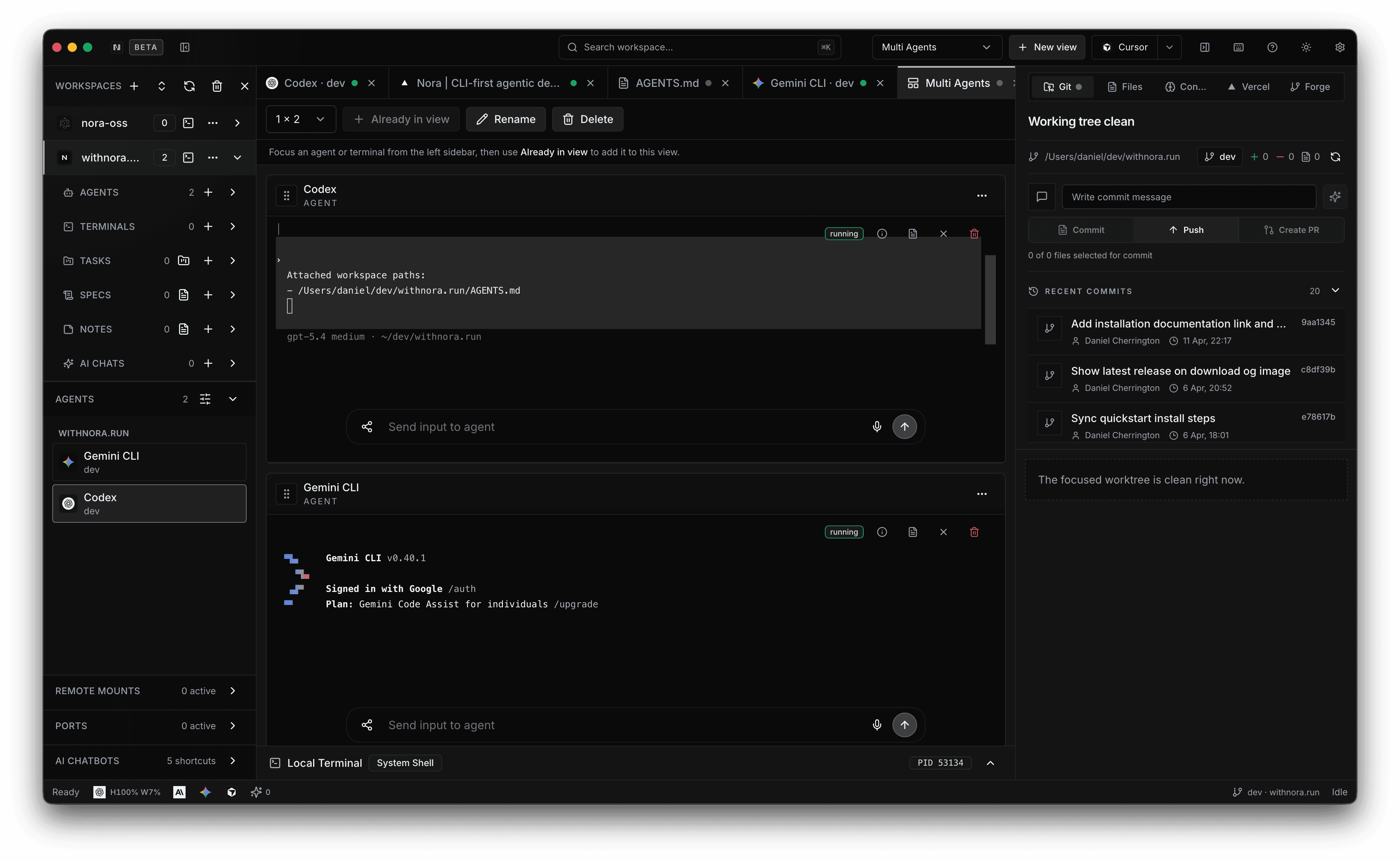 Agentic development workflow with Nora shown in the Nora workspace.